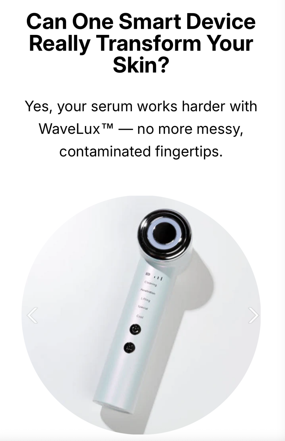 Smart device with text about serum and Wavelux on a smartphone screen