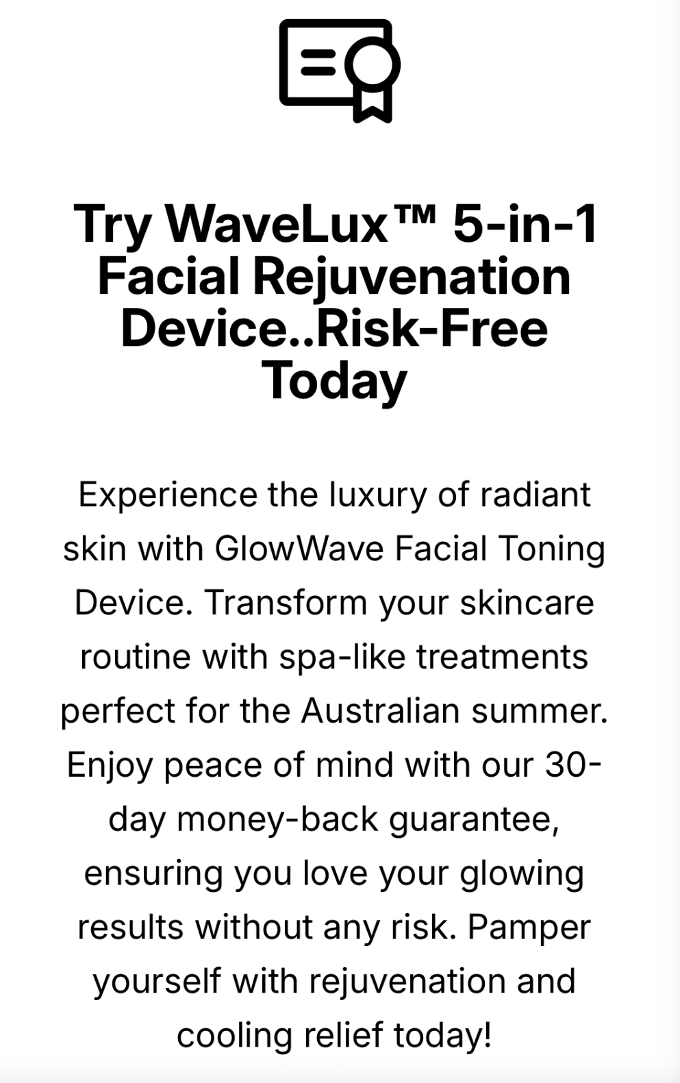 Advertisement for WaveLux 5-in-1 Facial Rejuvenation Device on a smartphone screen.