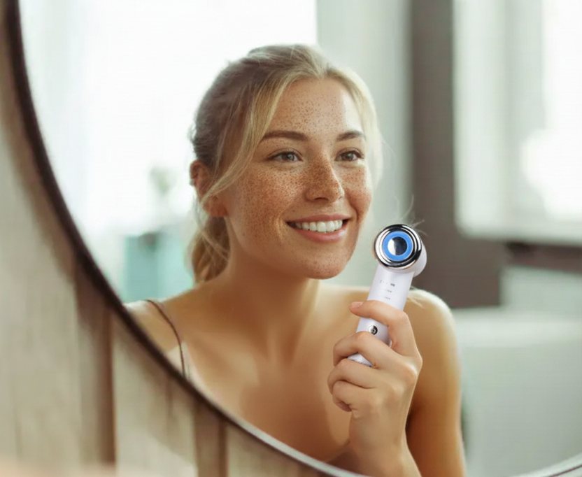 Woman holding a skincare device in front of a mirror